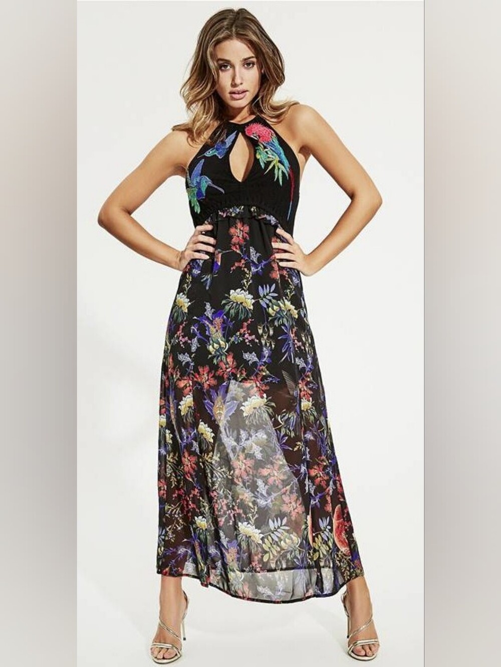 Guess Black Halter Maxi Dress with Multicolor Bird & Floral Print